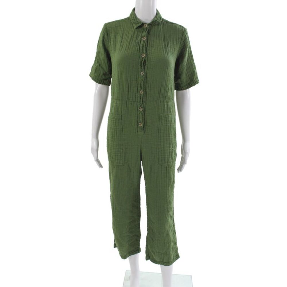 Velvet Womens Green Cotton Collared Short Sleeve Jumpsuit Button Size S
